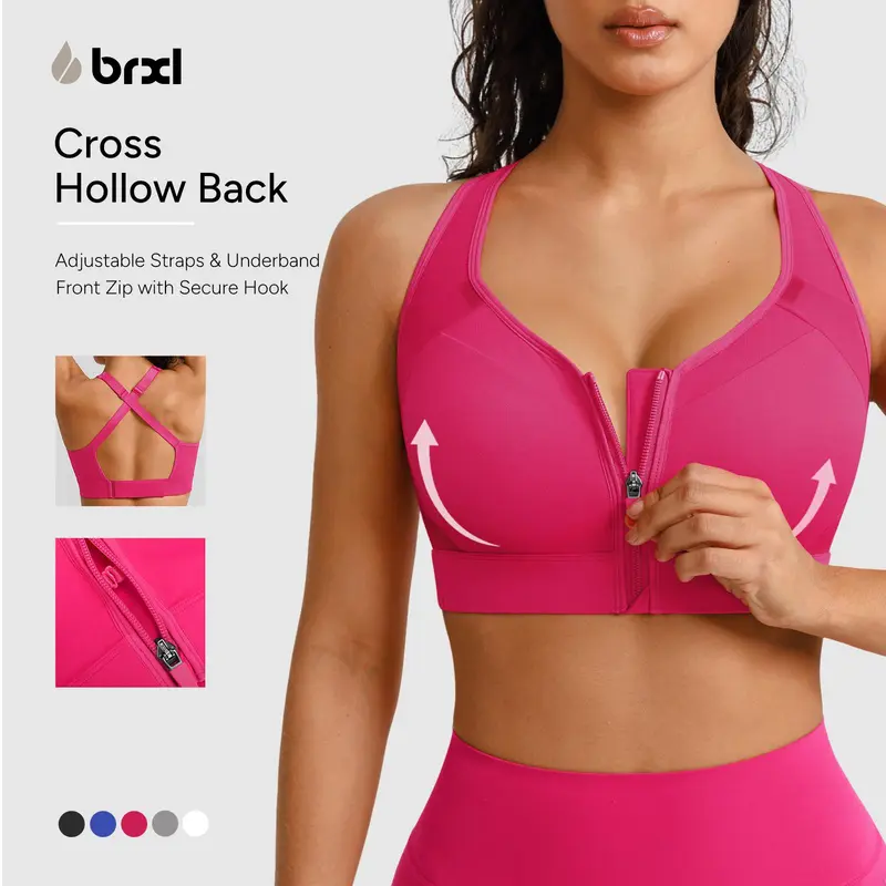 BRXL Women's High Impact Front Zip Sports Bra with Adjustable Straps, Sewn-in Pads, Bra for Women