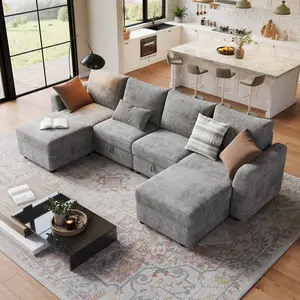 141 Inch U-Shape 6 Seater Modular Sectional Sofa Spacious Couch with Large Hidden Storage and Movable Ottoman Cozy Modern Home Furniture for Living Room Apartment Bedroom