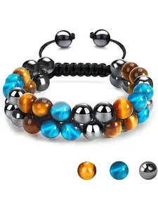 Tiger Eye Bracelet, MIDON Men's and Women's Triple Protection Bracelet, Handmade Tiger Eye, Hematite and Obsidian Natural Stone Healing Energy Crystal Bracelet, Beaded Bracelet, Adjustable Bracelet