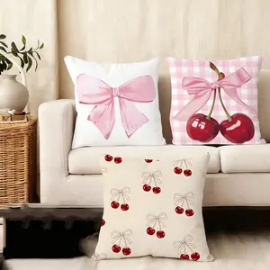 Pink Bow Cherry Cushion Cover Soft Short Plush Pillow Cover Skin-Friendly & Anti-Dust Mite | Double-Sided Print | Sofa/Bed/Couch Decor | Washable Durable | Winter Gift Idea