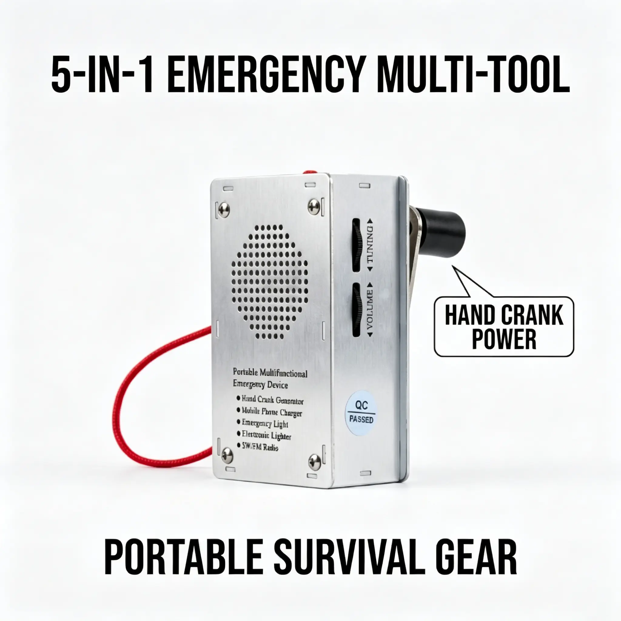 Unisex Compact 5-in-1 Hand Crank Emergency Power Generator - Manual Power Bank with LED Flashlight, Radio, Ignition, USB Charging - Outdoor Survival Gear for Hiking, Camping, Emergency Blackouts
