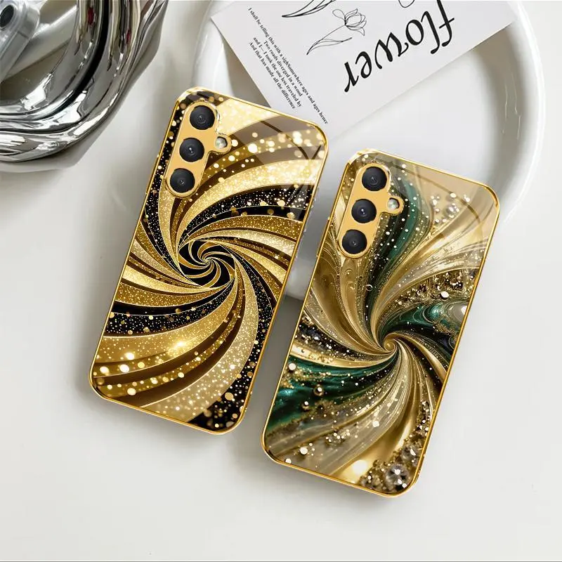 Luxury Gold-Plated Edge Case Liquid Swirl Glitter Glass Cover for Galaxy S23 FE ---975
