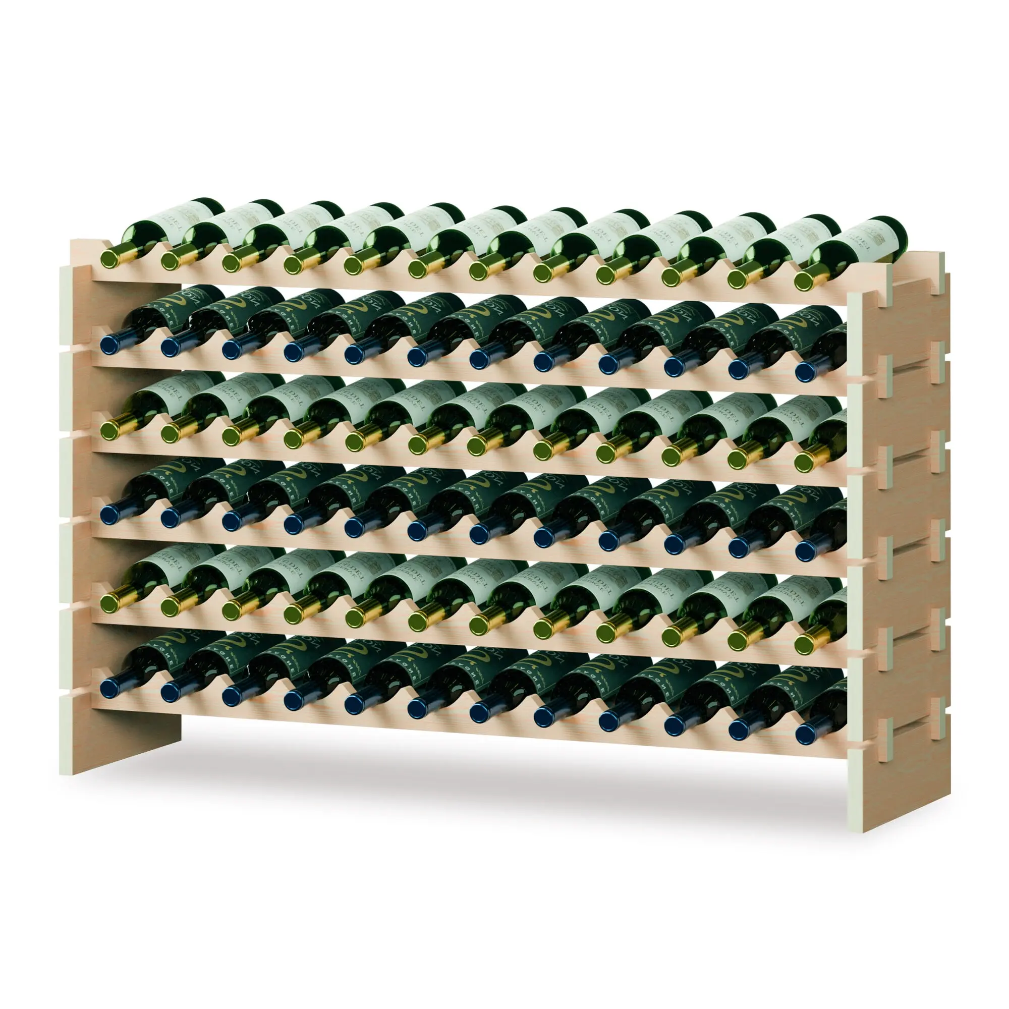 ZENY Natural Finish Pine Wood Wine Rack - 6-Tier, 72-Bottle, Tool-Free, 47"w x 11.8"d x 27.5"h, 18.5 lbs, Space-Saving Modular Stackable Wave-Shape Floor Organizer for Kitchen, Basements