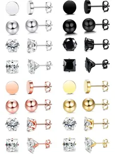 16 Pairs 20G Stainless Steel Stud Earrings for Men Women Multicolor CZ Round Ball Earrings Set Cartilage Piercing Earring, 3-8mm