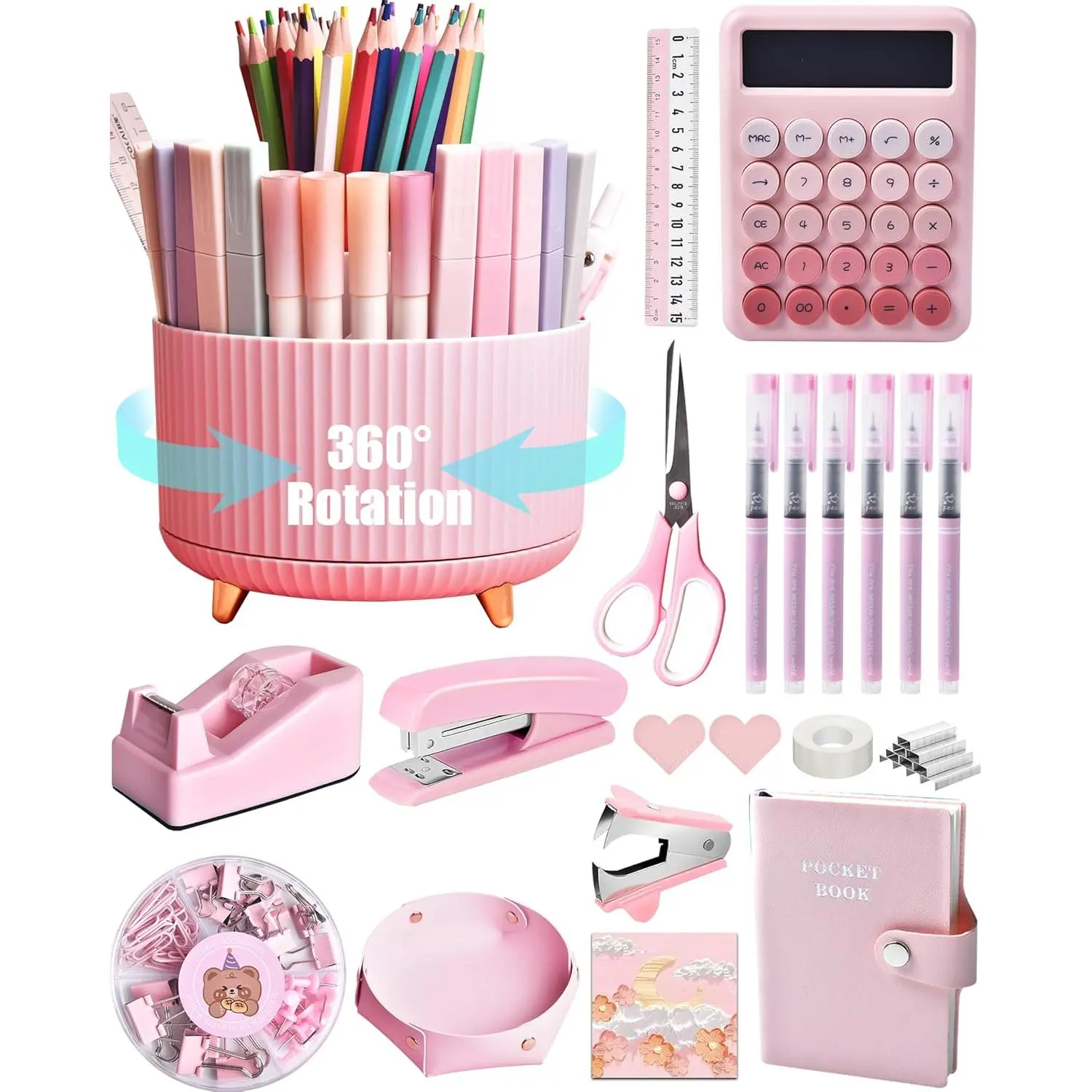 Desk Accessories, 20 count Office Supplies and 360?Pen Holder Desk Organizers, with Tape Dispenser, Stapler, Staple Remover, Ect, Let The Color  Fill Your Desktop