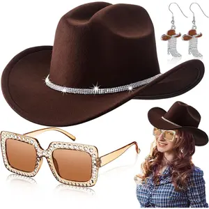 3 Pcs Rhinestone Hat Cowgirl Boots Earrings Sunglasses Set Women Western Cowgirl Party Rodeo Outfit Supplies，christmas gifts for gf Diamond