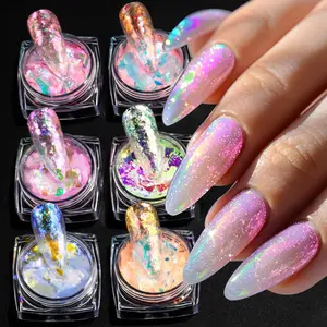 Chameleon Nail Glitter Flakes, Ice Transparent Aurora Opal Sequins Chrome Iridescent Pigment Nail Art Paillettes Kits, Ultra-Thin Mermaid Nail Chunky Glitter for Nails Art Decoration DIY Craft