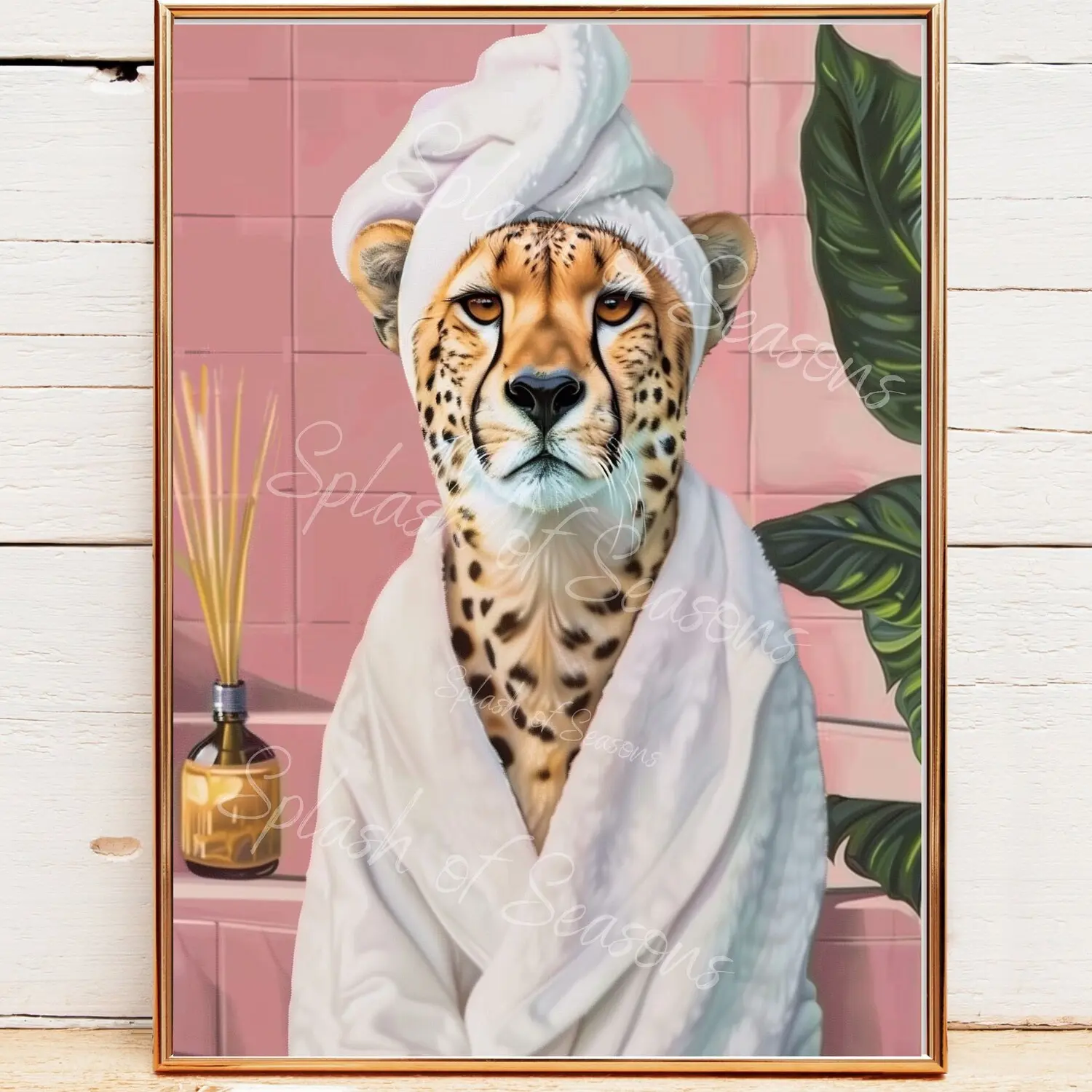 Cheetah in a Robe Bathroom Print, Tropical Jungle Home Decor, Funny Bathroom Wall Art, Housewarming Gifts, Eclectic Decorations, Edgy Art Ornaments Artistic