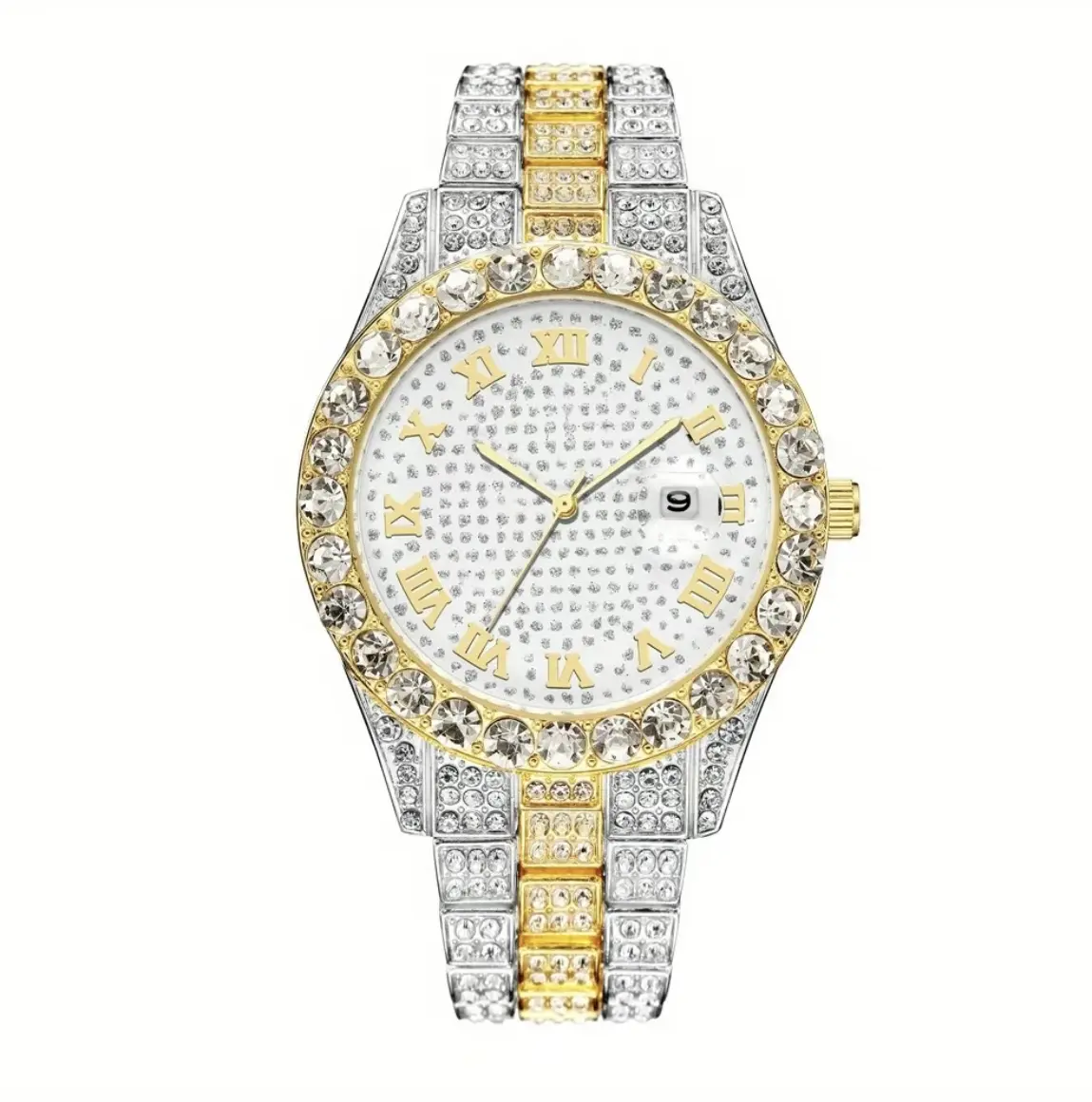 Silver Studded Dial Gold & Silver Dual Tone Diamond Set Circular Bezel 40mm Diamond Set Bracelet Roman Numeral Hour Markers Luminous Mechanical Watch Waterproof