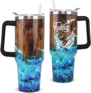 Fishing Tumbler Gifts for Papa Dad Husband Fisherman Fathers Day,Anniversary,Christmas,Birthday Fish Cup Coffee Travel Mug with Handle and Straw-40 oz Wood Grain Fishing(1PCS)