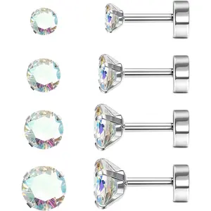 MILACOLATO G23 Titanium Hypoallergenic Flat Back Cubic Zirconia Ear Studs, Trendy Waterproof Lightweight Stud Earring Jewelry for Women - Silver Helix, Cartilage, Tragus Sleeper Earrings for Multiple Piercings (4 Pairs)
