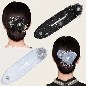 Women’s 2-Piece Portable Lightweight Hair Accessories Set - Pearl-Metal French Bun Maker, Handmade Embroidery Flower Accessory, Shiny Ball Clips, Flower Bun Rollers, Twist Clips, Sparkling Crystal Braided Pieces for Daily Outfits, Gift Option