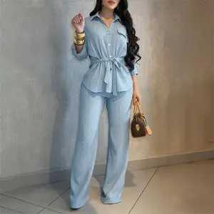 VVZ Women’s 2-Piece Set – Vintage Button Front Top with Turn-Down Collar & Flap Pockets and Wide Leg Drawstring Pants, Casual Commuting Outfit