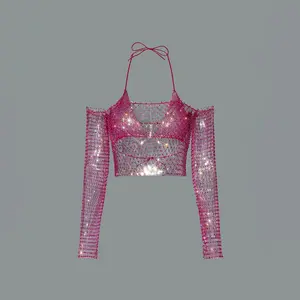 Women Sling Top 2 Piece Set Sexy Halter Neck Bra And Shiny Rhinestone See Through Mesh Off Shoulder T Short Beach Party Crop Top