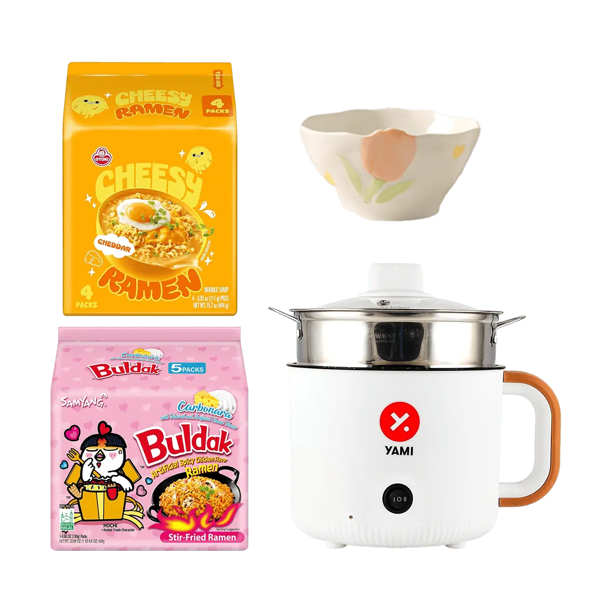 Samyang Otoki Cheddar Cheese Ramen & Buldak Creamy Cheese Spicy Chicken Ramen Bundle with Electric Pot and Rice Bowl - Korean Instant Noodle Meal Kit for One
