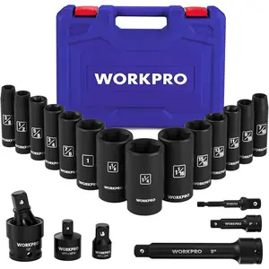 20-Piece 1/2" Drive Deep Set, 6-Point, Cr-V, 10-27mm, Joint, Adapter and Extension Bar, SAE