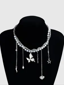 Elegant Silver Color Butterfly Pendant Necklace, Multi-Layered Beaded Chain Jewelry, Star Heart Dangle Party Accessory for Women