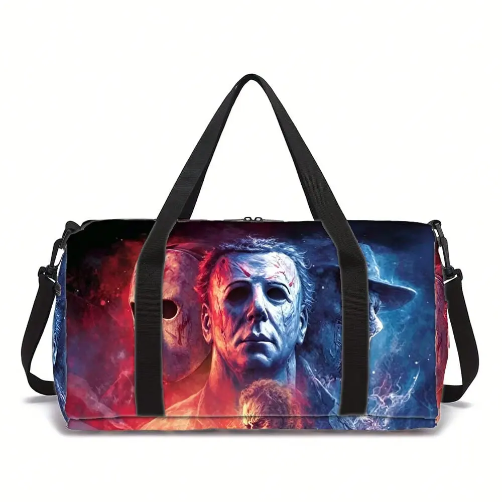 Horror Movie Print Casual Duffel Bag, Unisex Carry-On Travel Storage Bag for Gym, Sports & Weekend Trips, Zip Closure, Durable Travel Bags