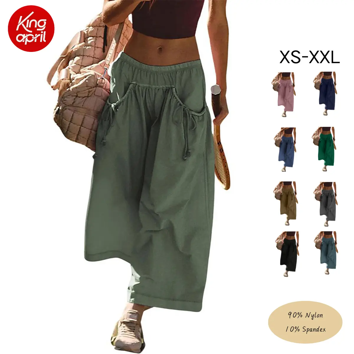 Kingapril Women's Fashion Cropped Cargo Track Pants - Loose Wide Leg, Drawstring Elastic Waist, Pockets, Durable Fabric for Hiking, Style