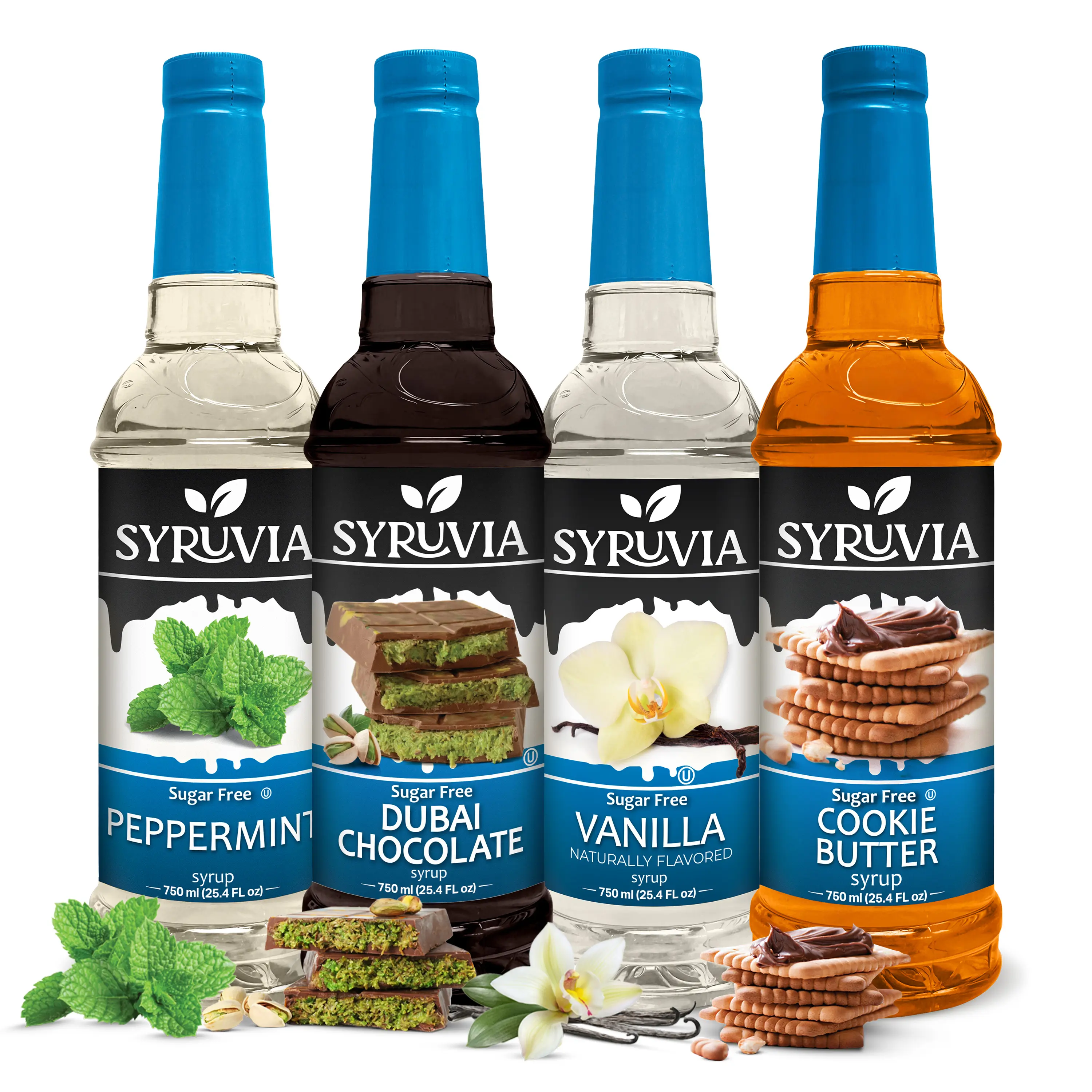 Syruvia Sugar Free Cafe Collection Syrup Variety Pack – Cookie Butter, Dubai Chocolate, Peppermint & Vanilla – Gluten-Free, Kosher, 25.4 fl oz Bottles – Rich Flavors for Coffee, Lattes & Desserts (4-Pack)