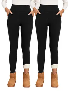 Women's Plain Pocket High Waist Thermal Lined Leggings, Casual Comfy Warm Skinny Pants for Daily Wear, Ladies Bottoms for Winter