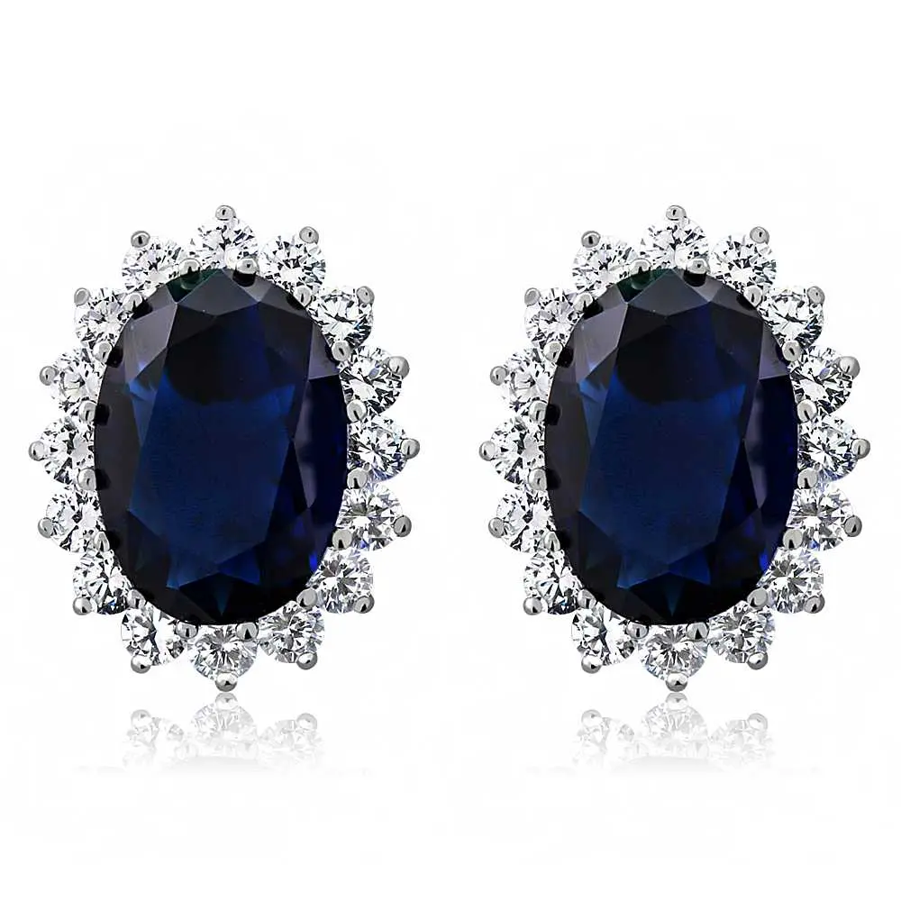 15.00 Cttw Blue Simulated Sapphire or Green Simulated Emerald or Red Created Ruby Halo Earrings For Women | 925 Sterling Silver | Oval 14X10MM