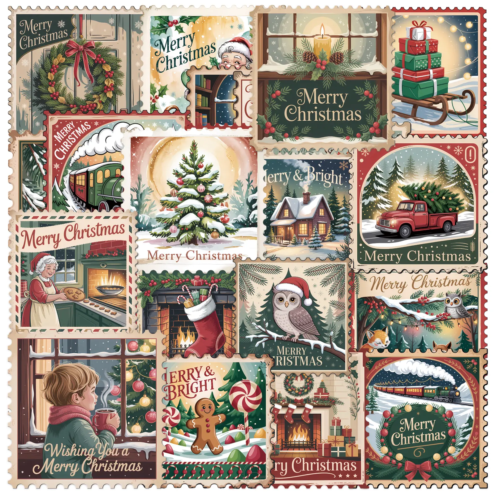 PRSTINCOL Vintage Christmas Stamp Stickers, 2-Sheet 100-Piece Set, Decorative Stickers for Scrapbooking, Holiday Crafts, Decorative Sticker
