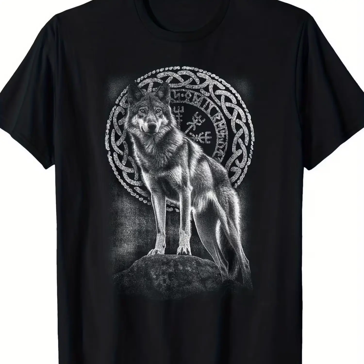 Viking Wolf & Celtic Knot Norse Mythology Men's T-Shirt - 100% Cotton Black Graphic Tee with Odin Rune & Wolf Head Design, Breathable Casual Shirt for Outdoor Adventures, Fitness, and Everyday Wear - Perfect for Spring, Summer & Fall
