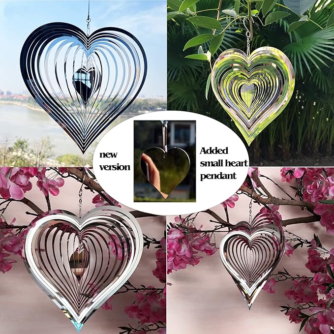 Stainless Steel Reflective Wind Spinners Outdoor Garden Decor,Sparkly Wind Spinner Bird Devices Deterrent to Scare Birds Away from Yard Patio Farm,Metal Heart Wind Spinners Gifts for Mom, Women