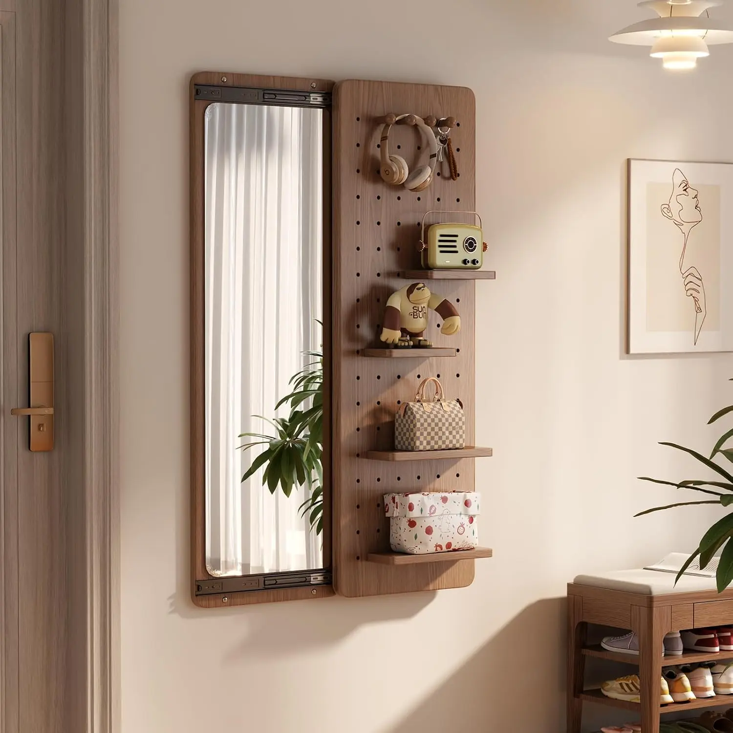 Sliding Entryway Mirror with Pegboard Storage | Full-Length, Space-Saving, Shatter-Proof, Hooks & Shelves Organizer