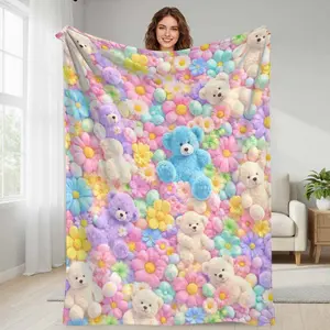 Flannel Blanket with Colorful Teddy Bear and Spring Flower Print  Soft Cozy Lightweight  Perfect for Sofa  Bedroom  Holiday Decor  Anniversary Gift  Relaxing Lounge Use