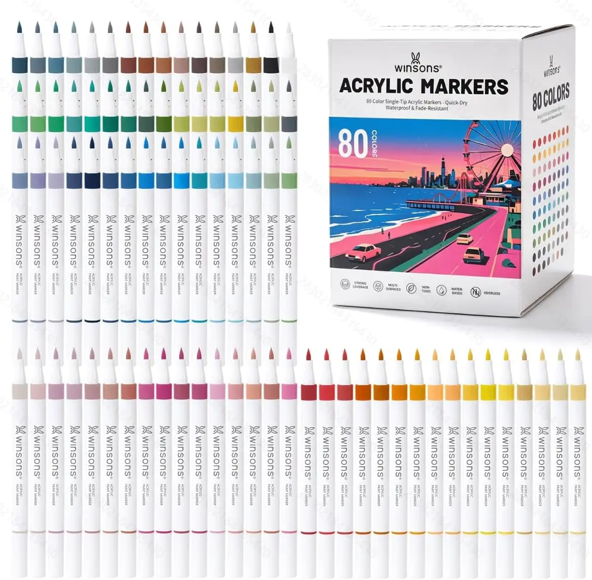 WINSONS Acrylic Paint Markers - Single Tip, Vibrant Hybrid Ink Multicolor Set, Office Stationery & Art Drawing Supplies