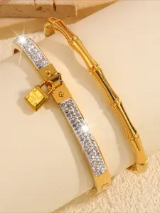 2pcs exquisite and fashionable stainless steel bamboo knot shaped bracelet with lock, Elegant Bangle, perfect for dates, parties, gatherings, and daily commuting, making it an ideal gift to express love