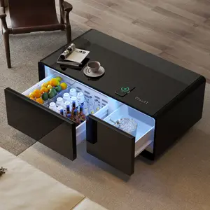 42" Smart Coffee Table with Fridge and Bluetooth Speaker, Modern Large Coffee Table with Wireless Charging, Touch Screen, USB Interface and Light, Black Rectangle Coffee Tables for Living Room/Office