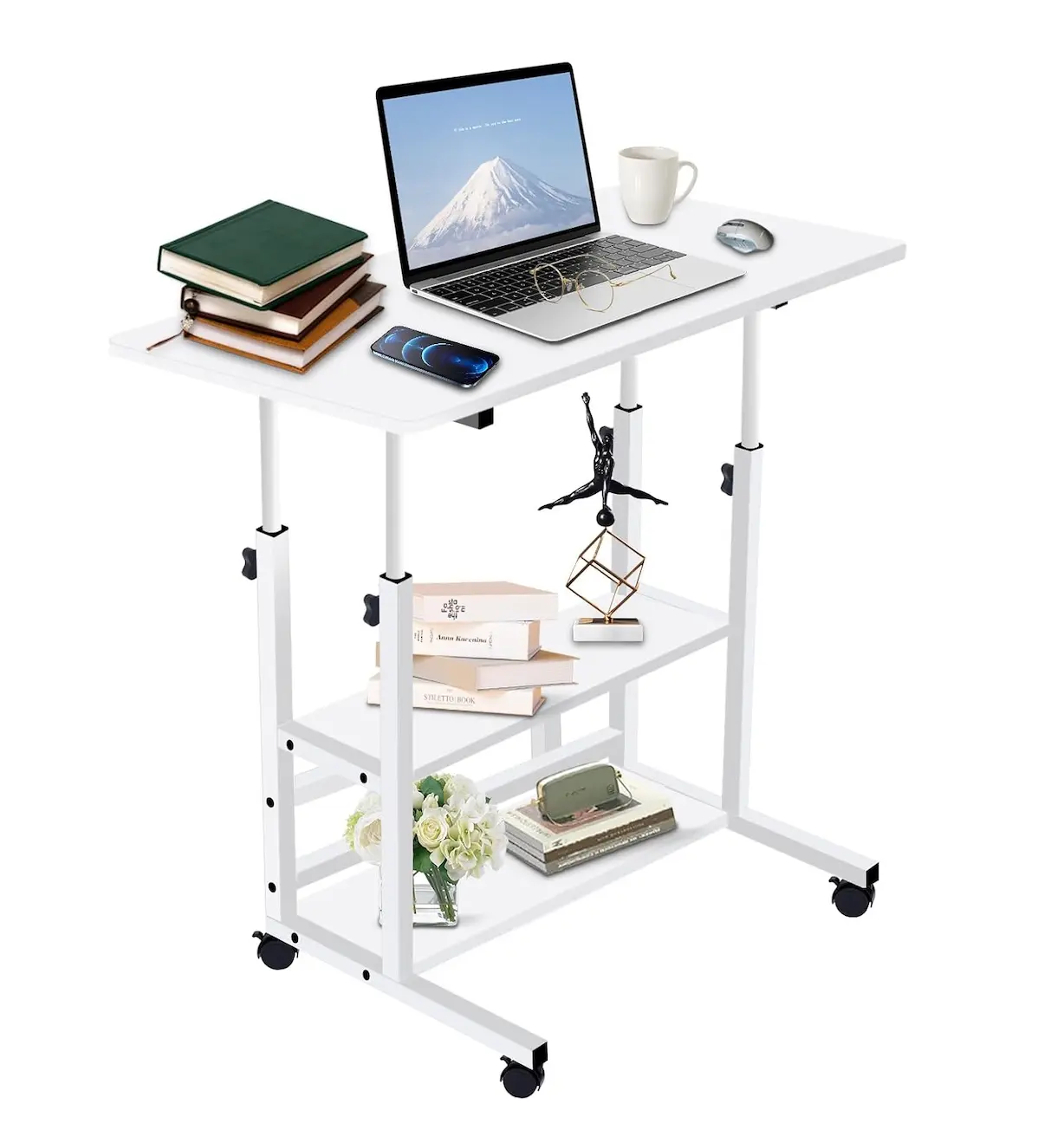 Portable Height-Adjustable Computer Desk with Wheels, Mobile Rolling Laptop Table with Storage Shelf for Home Office - Home Organizer Utility Rack (Black/White)