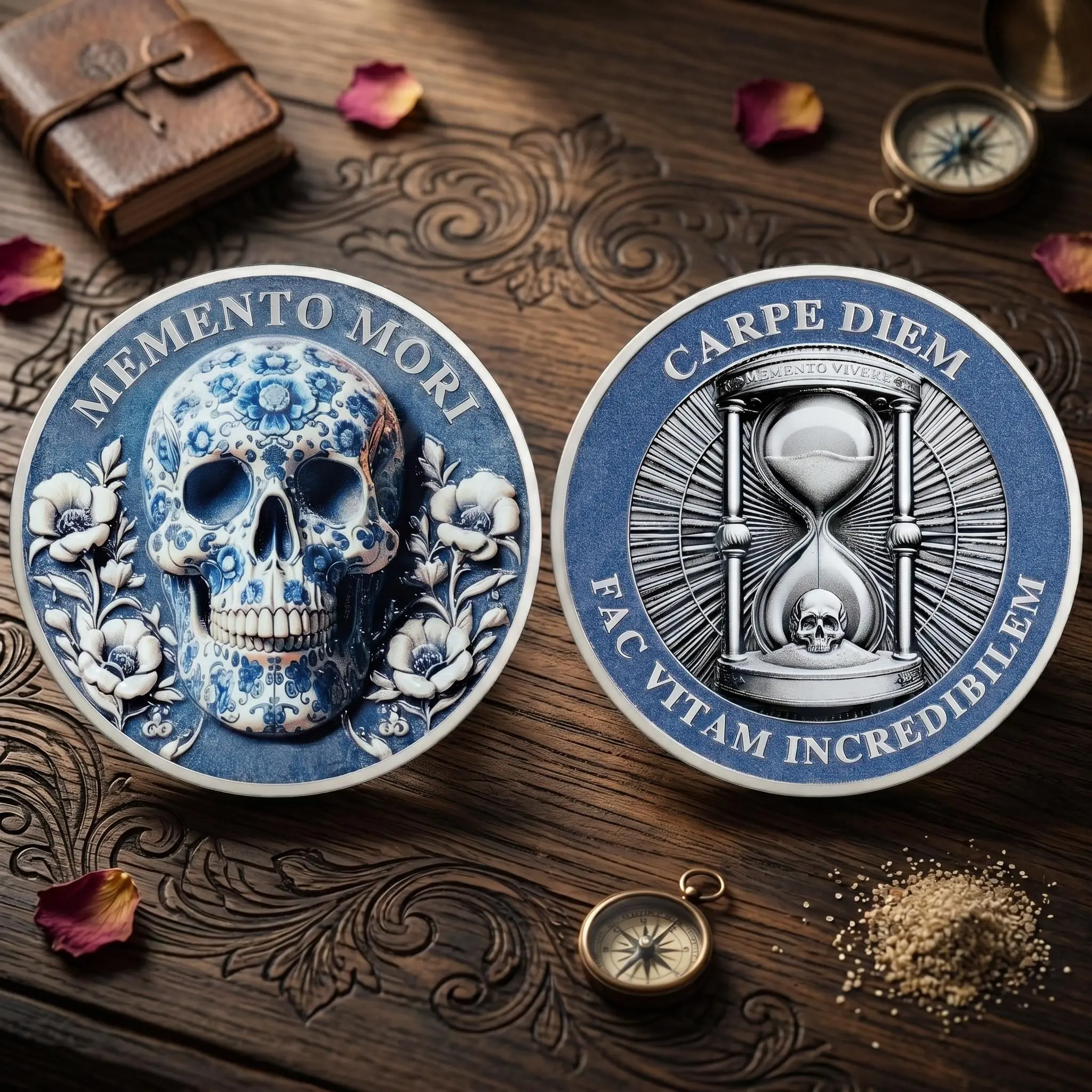 Memento Mori Carpe Diem Challenge Coin, Stoic Philosophy Gift, Double-Sided Blue Skull and Hourglass Coin, Stoicism Pocket Token