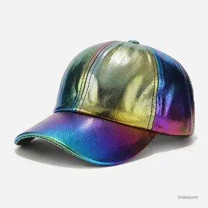 Shiny Iridescent Baseball Cap, holographic metallic rainbow look. Adjustable reflective hat, trendy accessory for festival, party and daily wear