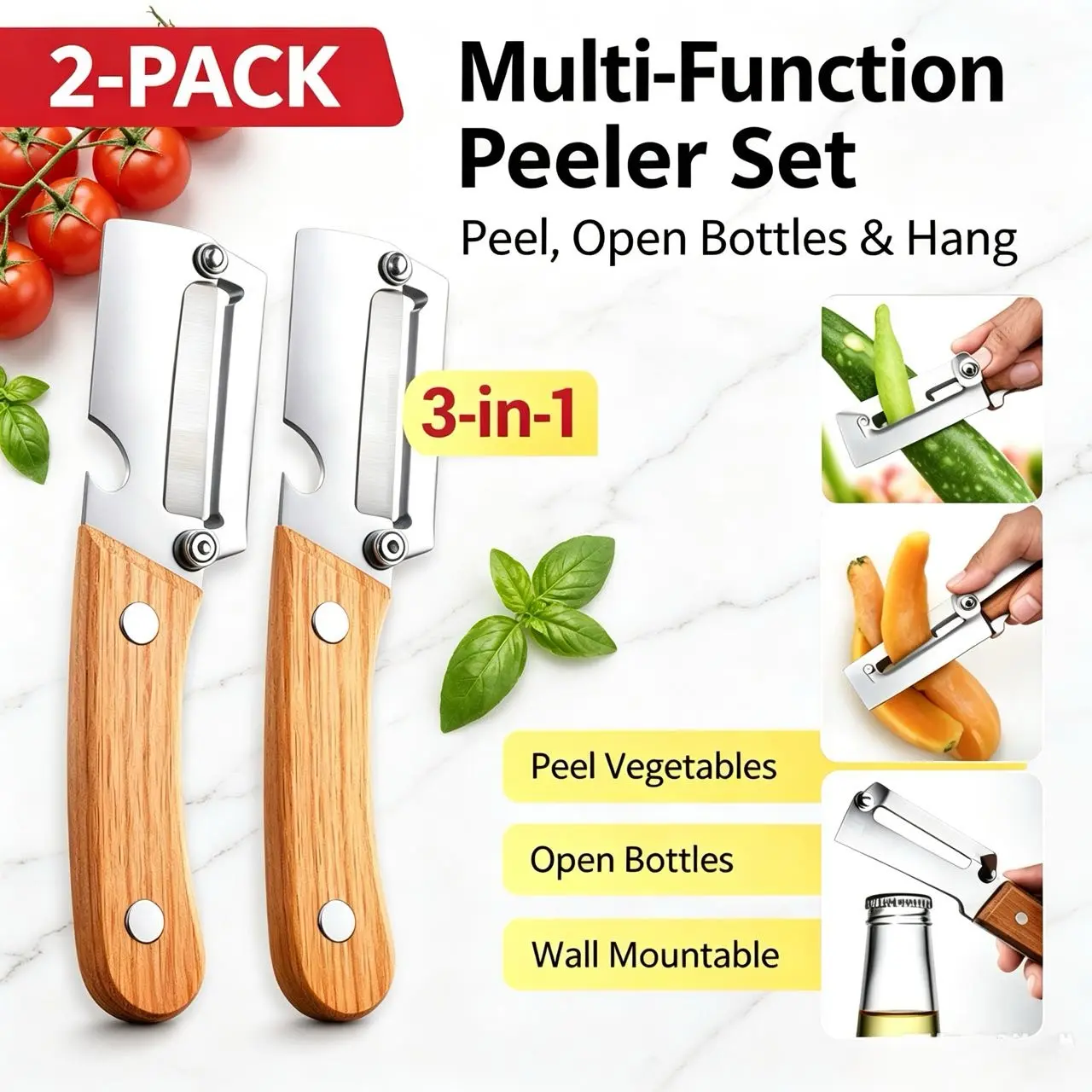 2pcs Stainless Steel Vegetable Fruit Peeler Set with Wooden Handle - Kitchen Peeling Utensils, Ultra-Sharp Thick Rustproof Blade, Built-in Bottle Opener, No Residue, No Scrubbing, Low Hand Fatigue for Potatoes, Apples, Pumpkins