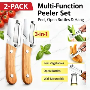 Vegetable Peeler Stainless Steel 2 Pack, Ultra Sharp Fruit Peeler with Wooden Handle, Multi Functional Kitchen Tool for Potatoes Apples Cucumbers, Built in Bottle Opener, Thickened Rustproof Blade