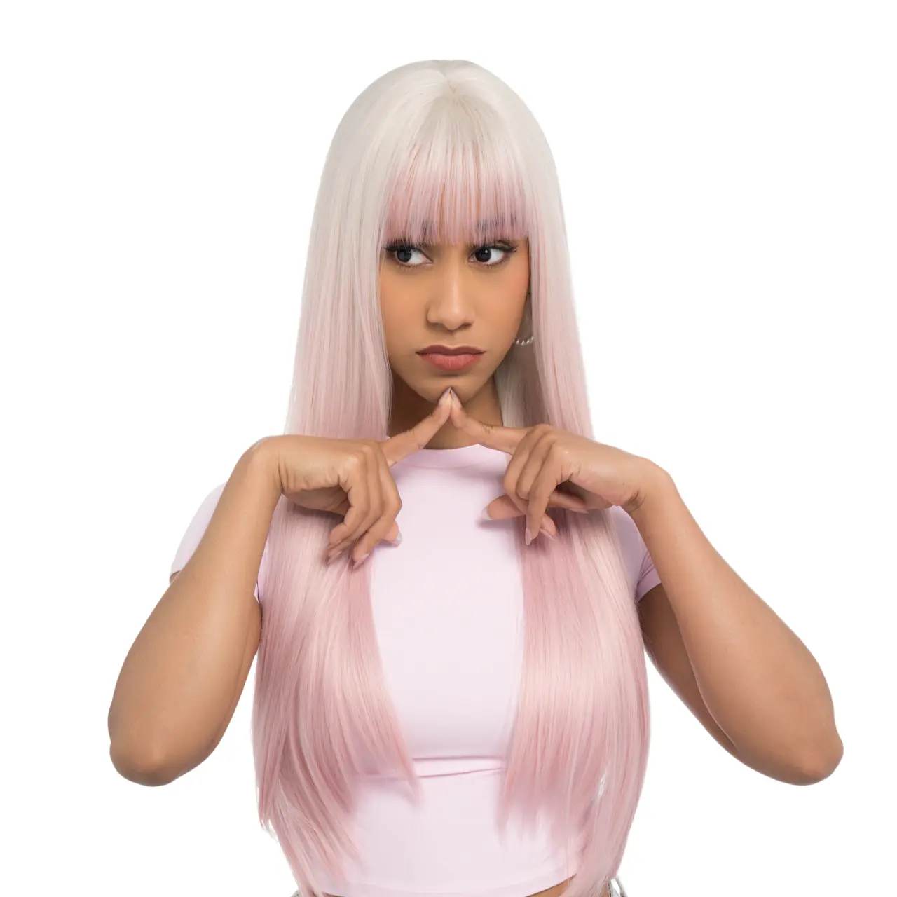 22-Inch Off-White Blonde Reverse Ombré (No Root Color, Light Pastel Pink Ends) Straight Synthetic Wig | 【Heat Resistant】【Cap Included】 | #60 @41 52FSGB