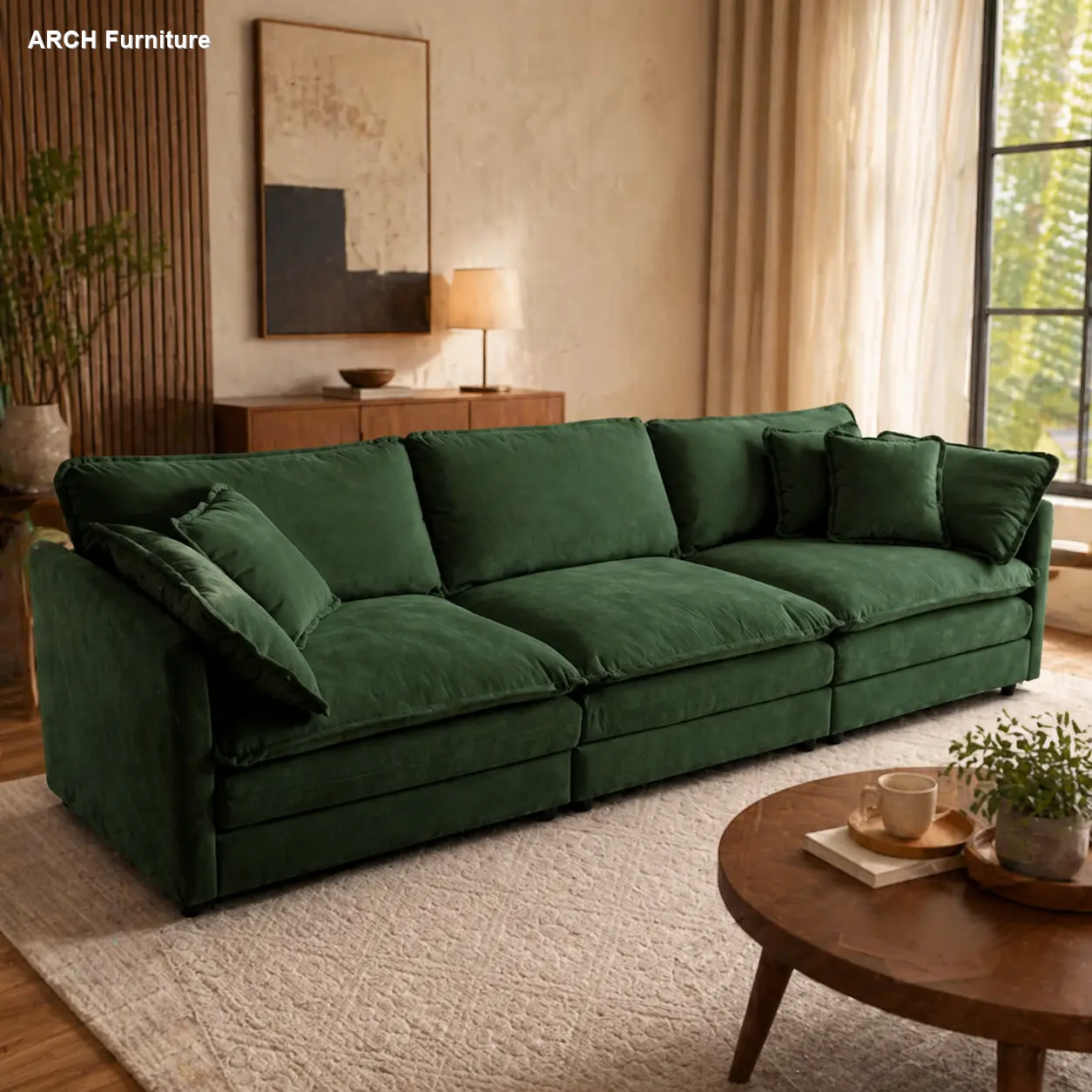 Mid-Century Modern 3-Seat Sectional Couch, Chenille Modular Sectional Sofa with 2 Armrest Pillows and 3 Toss Pillows, Green Indoor Living Room Furniture, Modular Sectional Couch