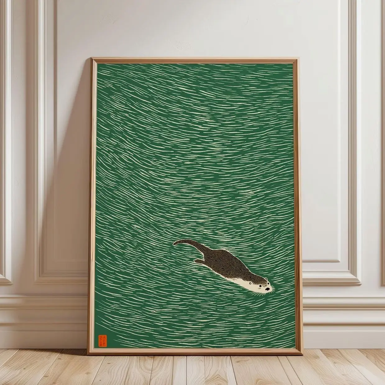 Otter Wall Art Japanese Style Wildlife Poster Minimal Nature Decor Print H