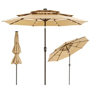 9FT 3-Tier Patio Umbrella with Solar LED Lights, Outdoor Table Umbrella with Tilt & Crank, Ventilated Large Market Umbrella with 8 Ribs, UV Protection for Deck, Pool, Garden