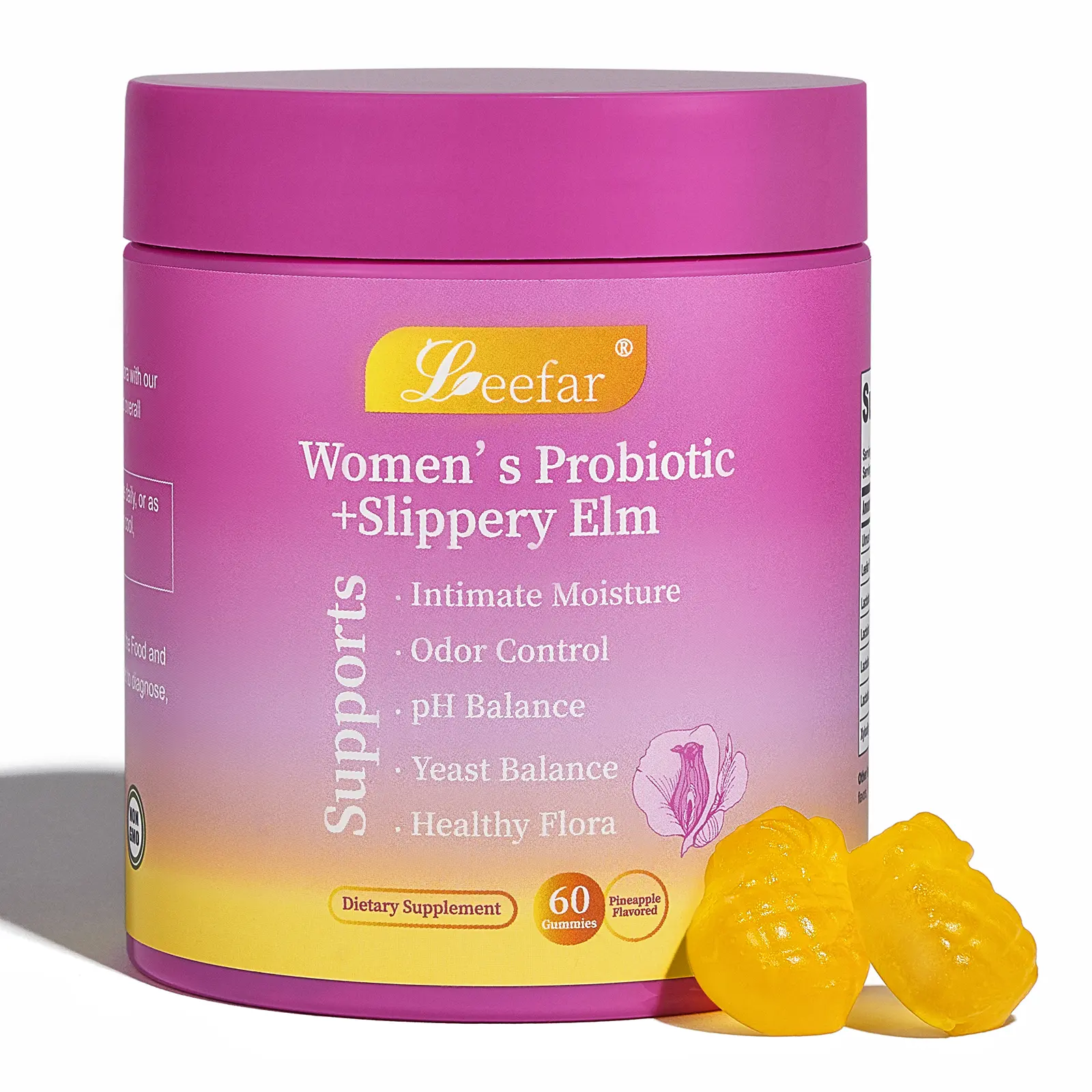 LEEFAR Feminine Probiotics Gummies Her Juicy  - All in One Solution with Slippery Elm and Prebiotics&Lactobacillus Probiotic Blend for Women’s pH Balance and Dryness - Hawaiian Pineapple Gummies 60 Count