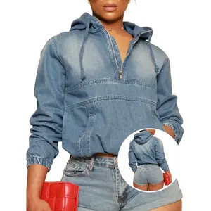 Chic [S-5XL] Women's Half Zip Denim Hoodie Pullover Jacket Jean Tops Casual