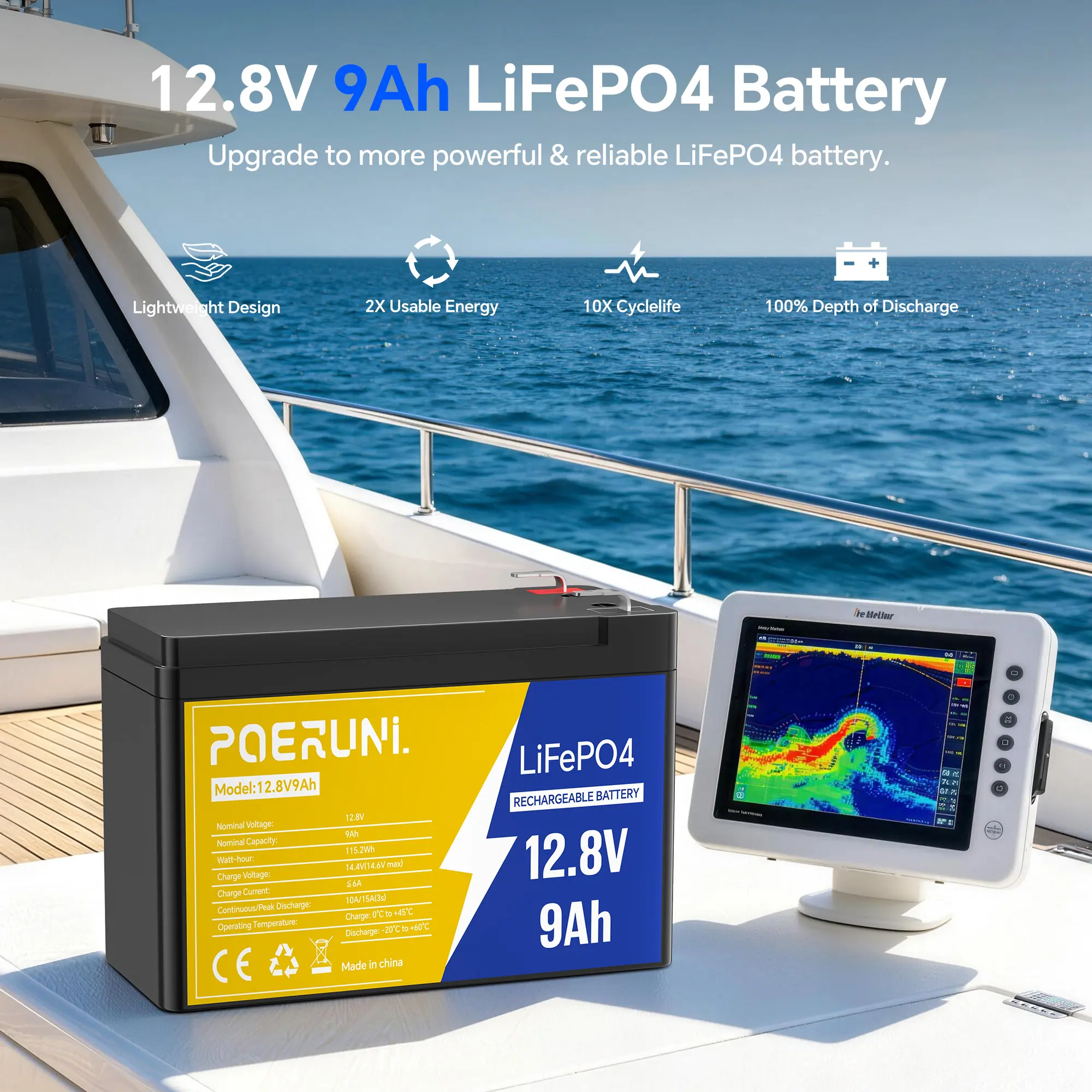 POERUNI 12V 9Ah LiFePO4 Lithium Battery - Deep Cycle Rechargeable with 15A BMS, 4000+ Cycles, Replacement for Fish Finders, Alarm Systems, Ride-On Toys