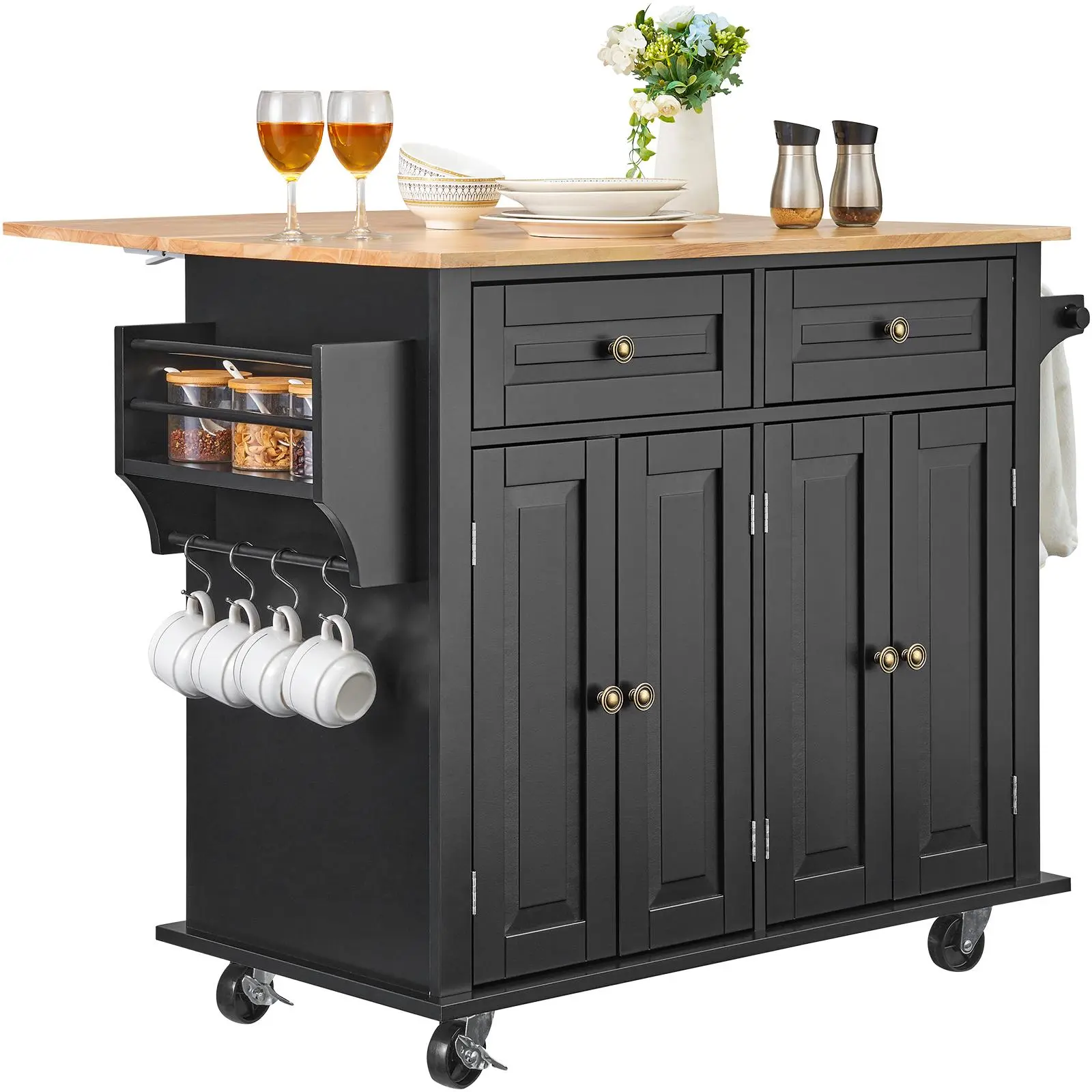 VEVOR Durable Portable Kitchen Island with 43" Solid Rubberwood Top, Foldable Drop Leaf, Adjustable Rolling Floor Cabinet, Drawers, Spice Rack, Towel Bar, Adjustable Shelf, Hooks, Wheels, Black, Convenient Storage, Assembly Required, Sturdy, Rolling Kitch