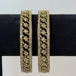 Bollywood Elegant Floral Design Bangle Bracelets with Embellished Rhinestones for Women Fashion Jewelry Gold Tone