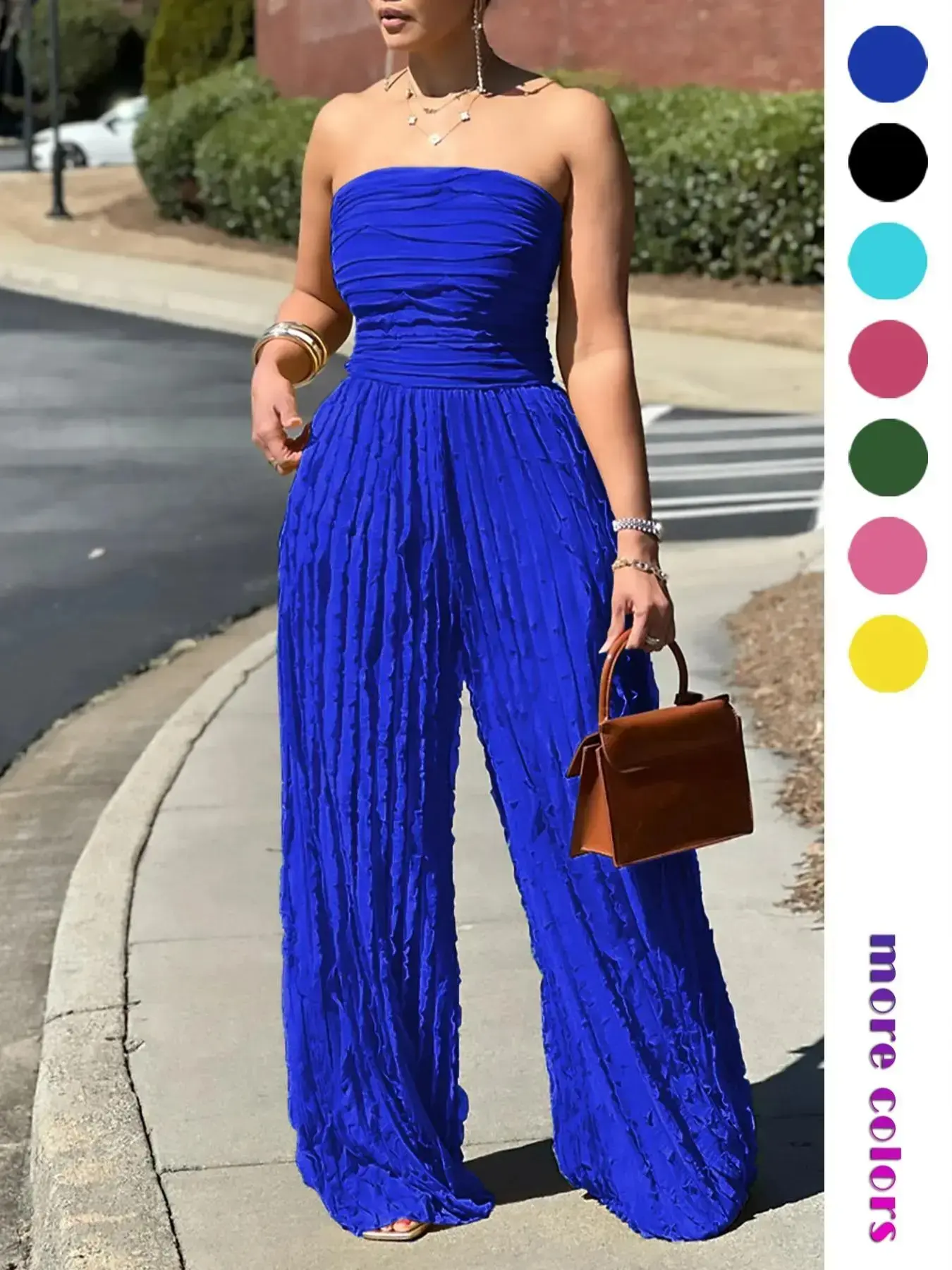Women's Elegant Slim-Fitting Strapless Sleeveless Pleated Ruffled Backless Jumpsuit - Minimalist Solid All-Season Casual Wear, Night Out Womenswear Set