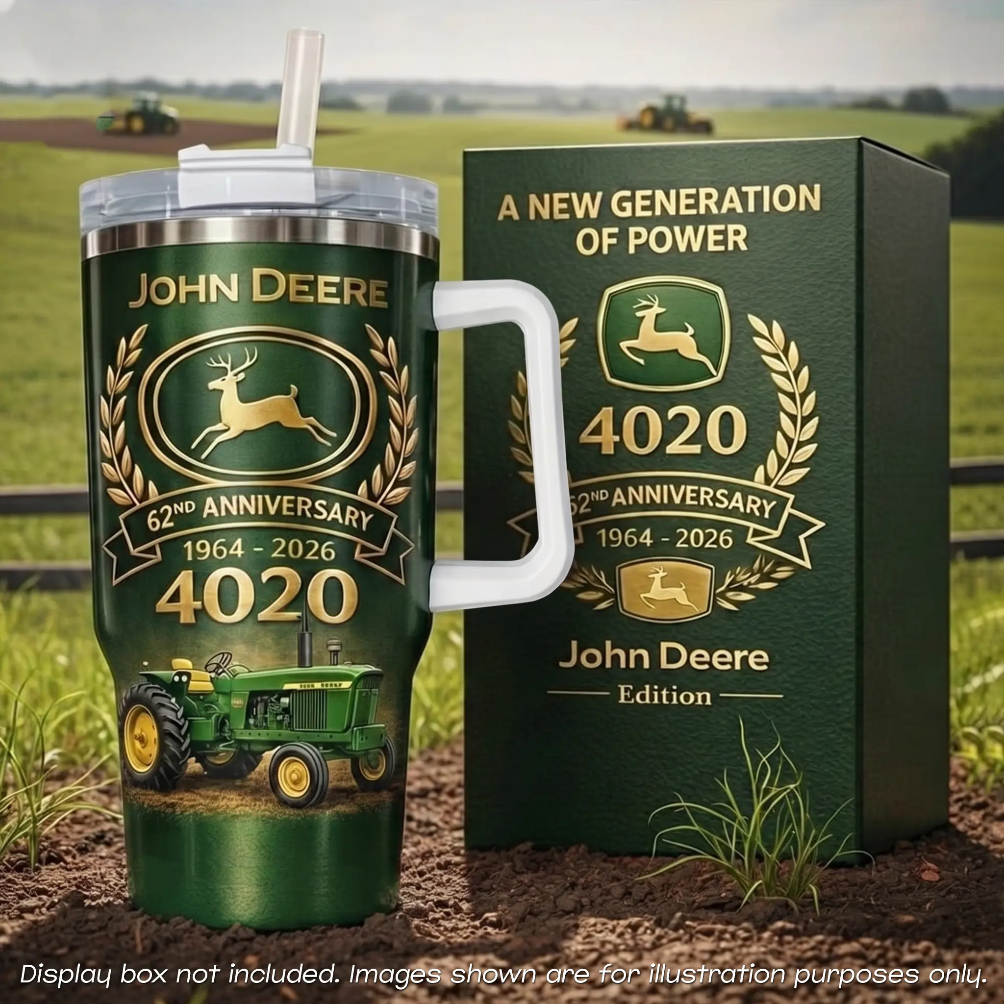 John Deere 40 oz Tumbler, JD 4020 Tractor Cup, 62nd Anniversary 1964-2026 Gift, A New Generation of Power Travel Mug, Vacuum Insulated Stainless Steel Coffee Flask, Gold Deer Logo Graphic, Thermal Ice Drinks Large Water Bottle with Straw Handle